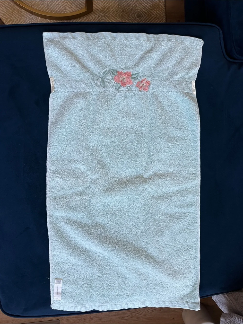 Vintage water works light blue hand towels with satin coral pink flower border